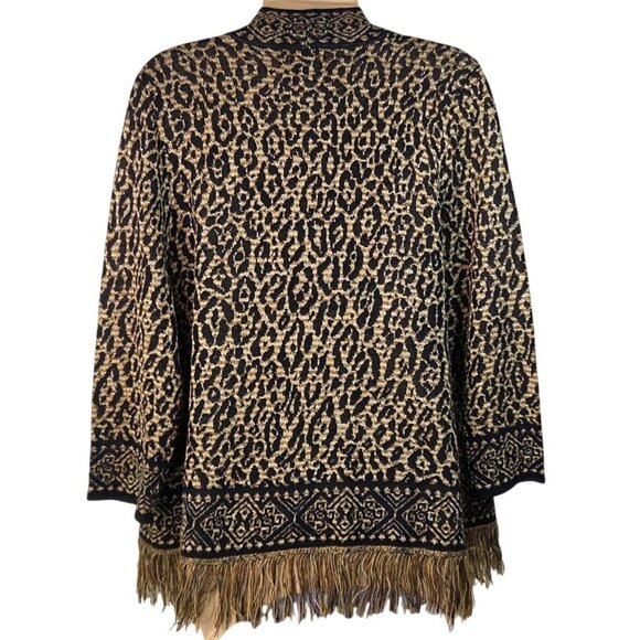 Ruby Rd. Petite PXL Leopard Print Open Front Cardigan With Metallic Gold Fringe - Picture 2 of 6